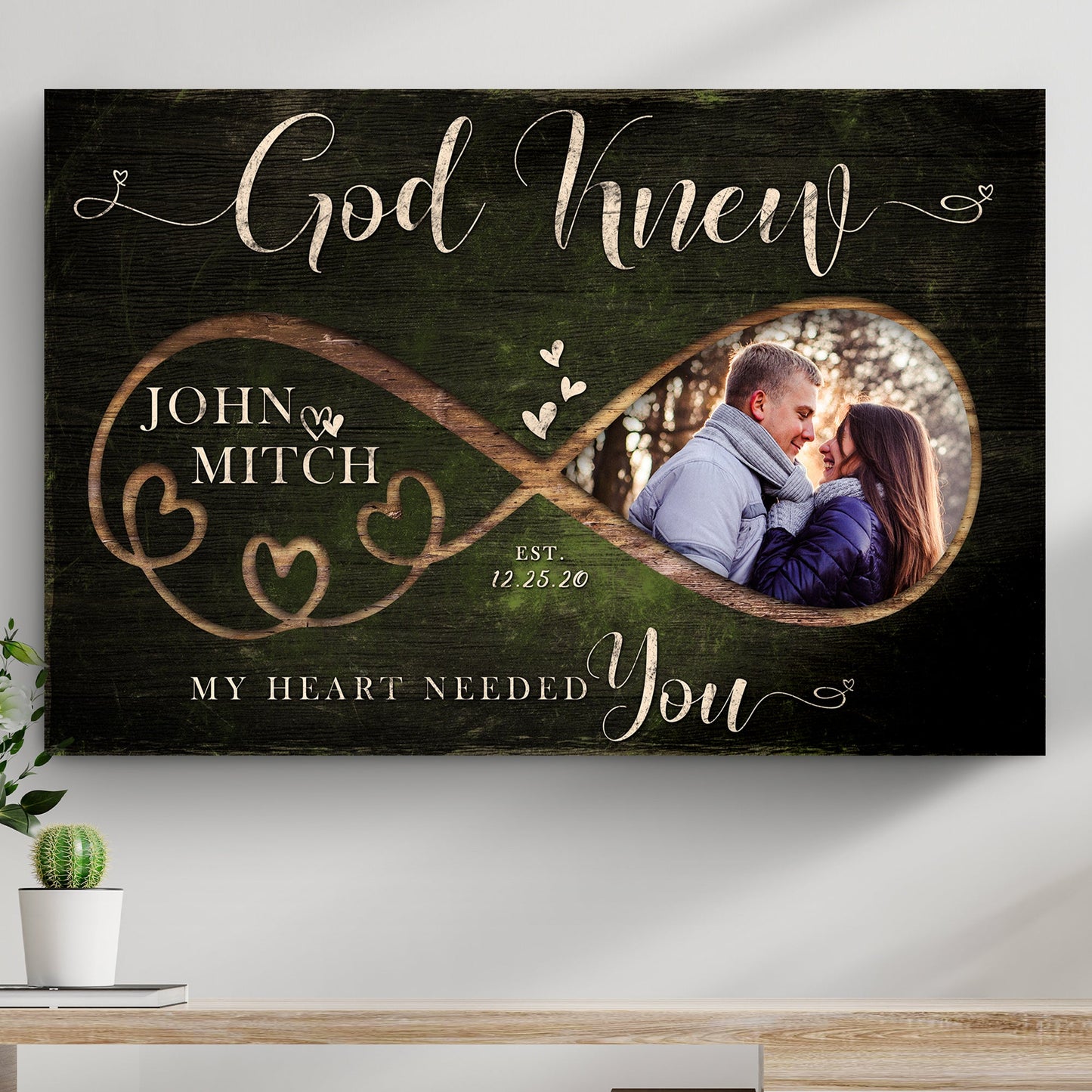 Canvas God Knew Couple Sign by Tailored Canvases with wood backdrop and circular photo frame on Tampa Home & Garden Store