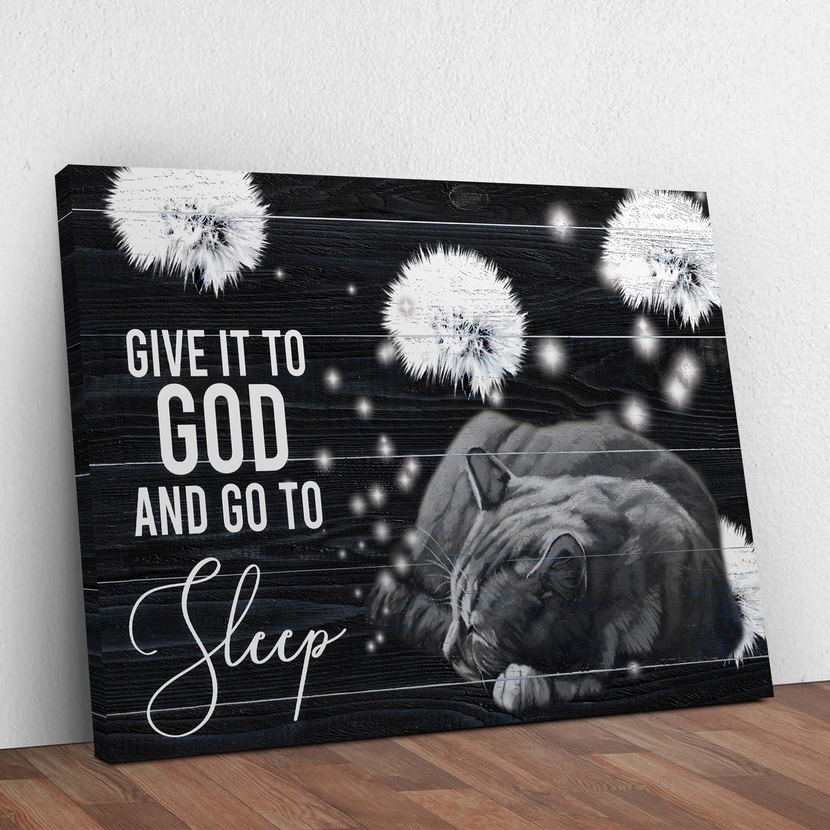 Canvas sign Give It To God And Go To Sleep with white text on dark woodgrain on Tampa Home & Garden Store
