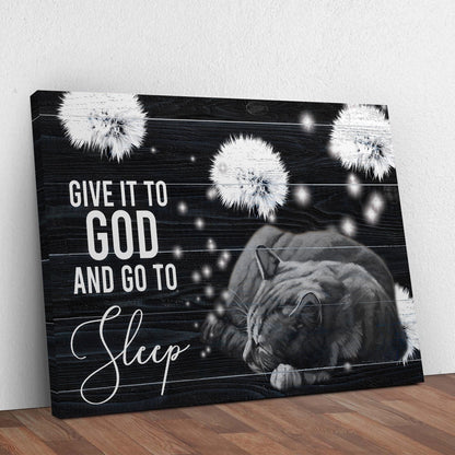 Canvas sign Give It To God And Go To Sleep with white text on dark woodgrain on Tampa Home & Garden Store