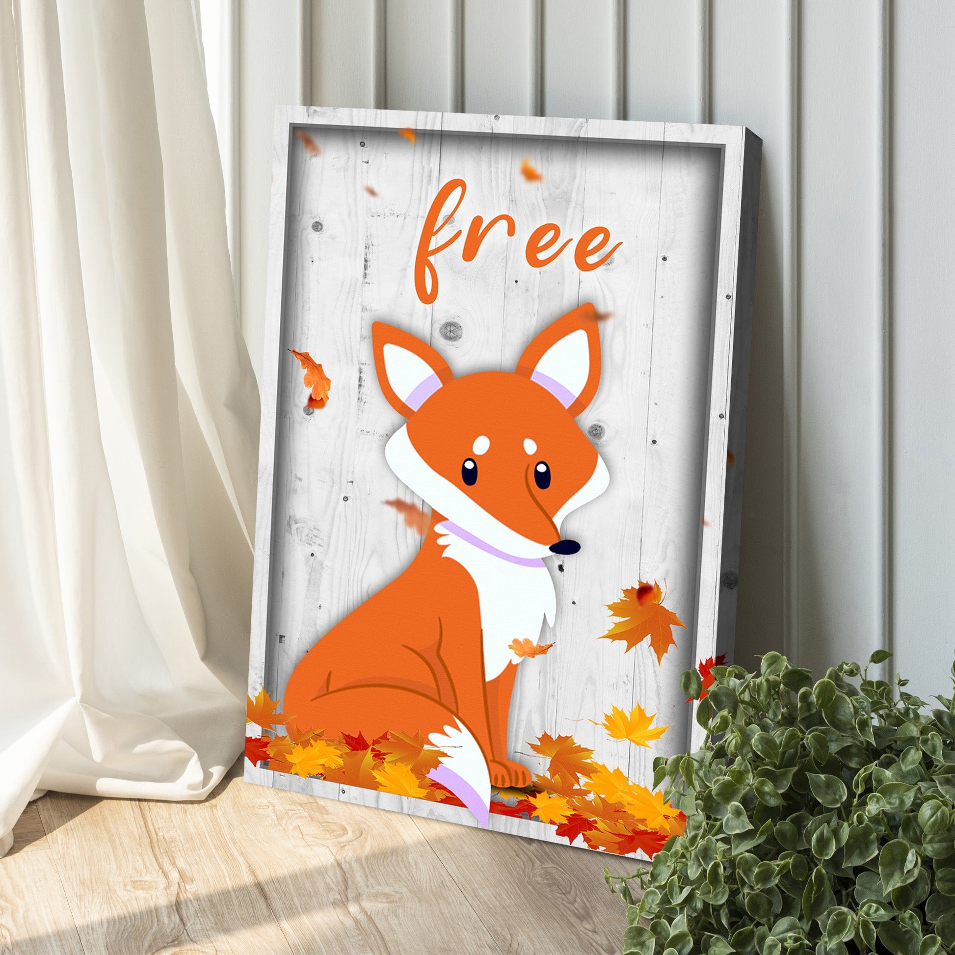 Canvas: The Most Adorable Free Fox Sign with orange fox on whitewashed wood and autumn leaves on Tampa Home & Garden Store