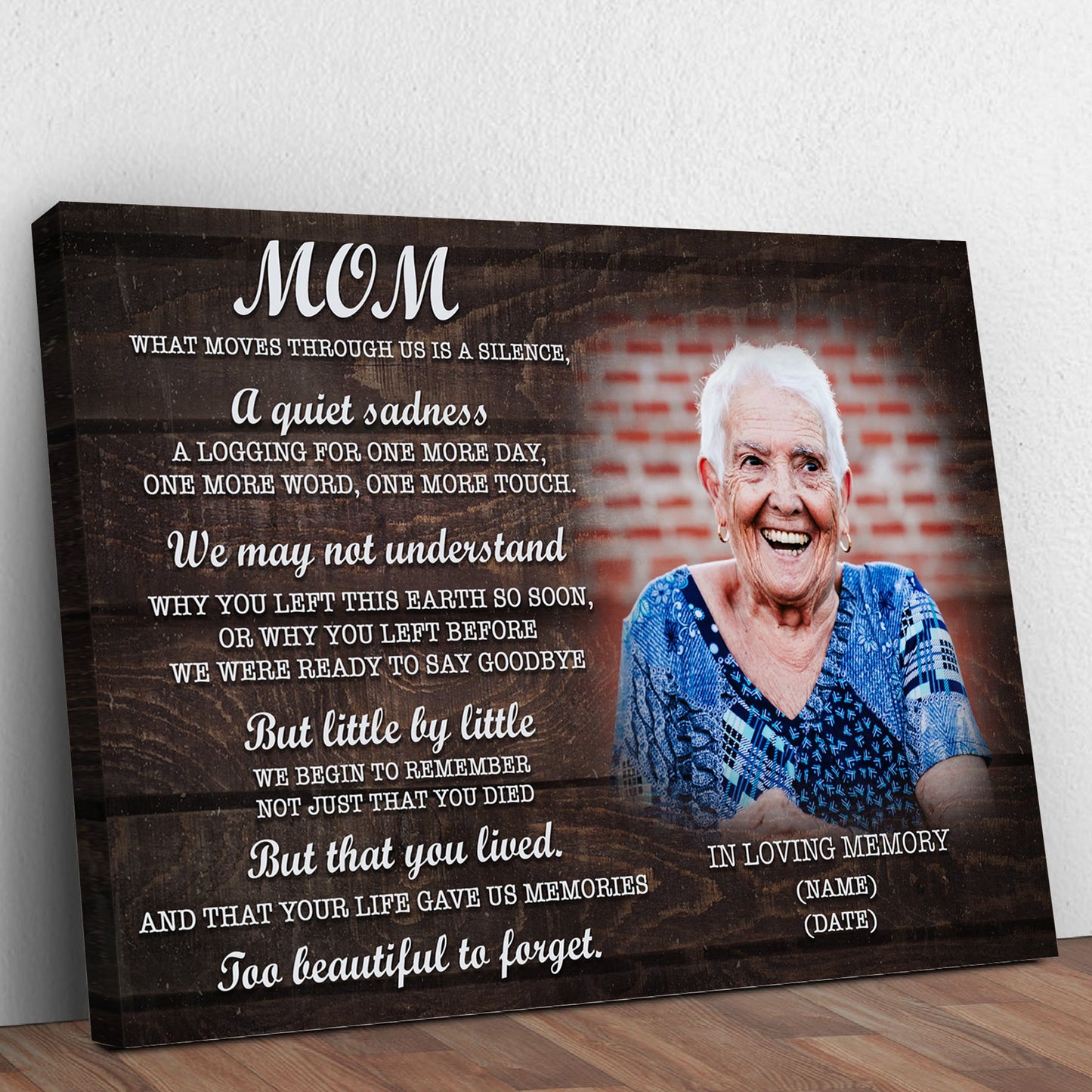 Canvas sign Mom You're Too Beautiful To Forget with wood background and elderly woman on Tampa Home & Garden Store