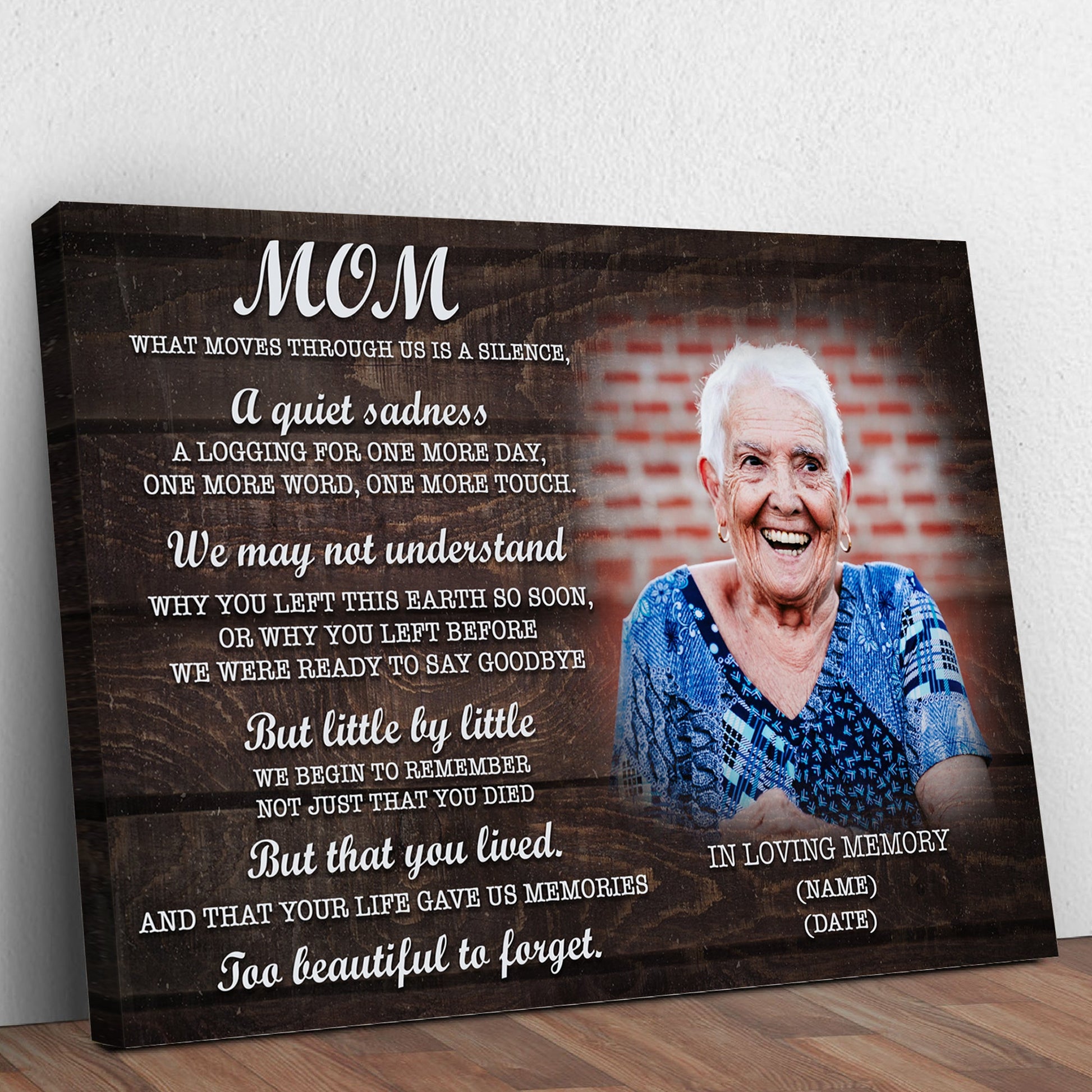 Canvas sign Mom You're Too Beautiful To Forget with wood background and elderly woman on Tampa Home & Garden Store