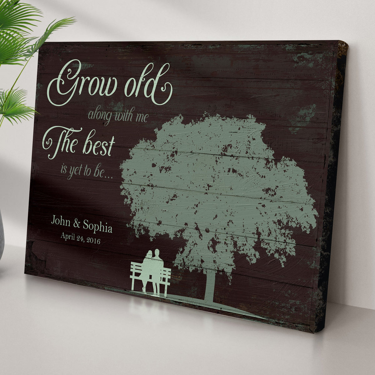 Canvas sign Grow Old Along With Me by Tailored Canvases with distressed wood grain teal script on Tampa Home & Garden Store