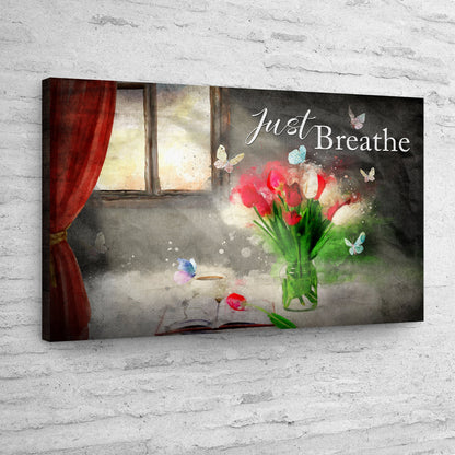 Just Breathe Sign VI canvas with dark background, tulips in a vase and butterflies on Tampa Home & Garden Store