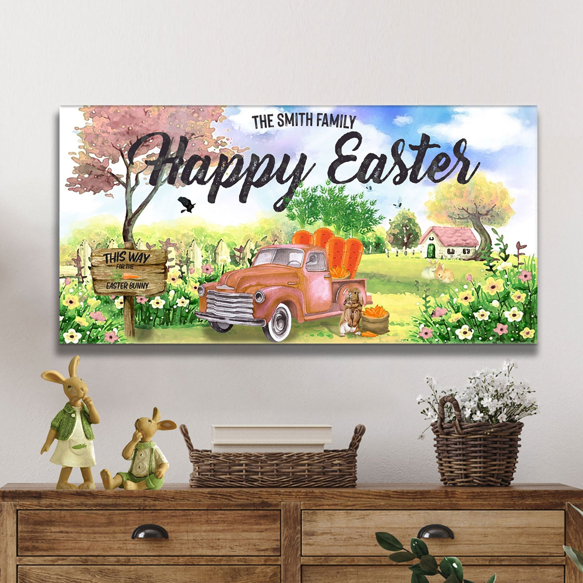 Family Happy Easter Sign canvas crafting art with a colorful spring scene and vintage truck on Tampa Home & Garden Store