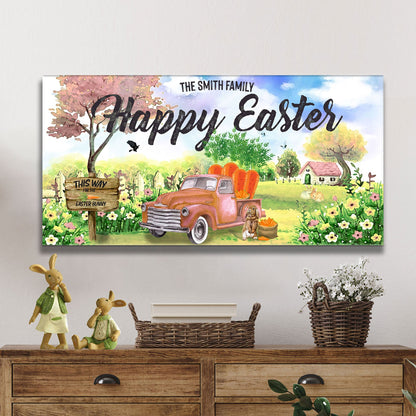 Family Happy Easter Sign canvas crafting art with a colorful spring scene and vintage truck on Tampa Home & Garden Store
