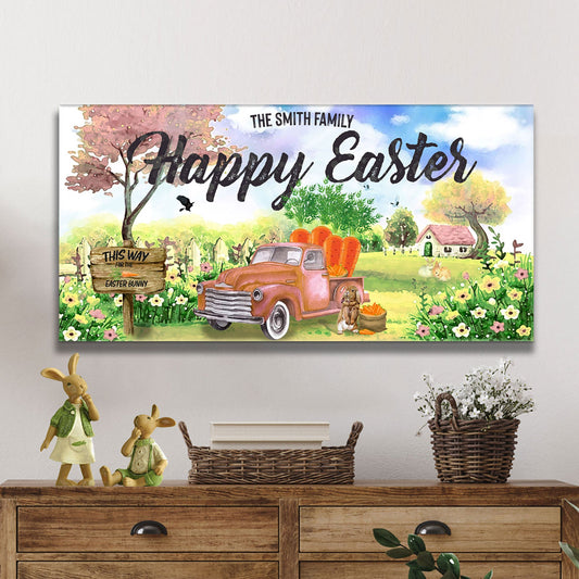 Family Happy Easter Sign canvas crafting art with a colorful spring scene and vintage truck on Tampa Home & Garden Store
