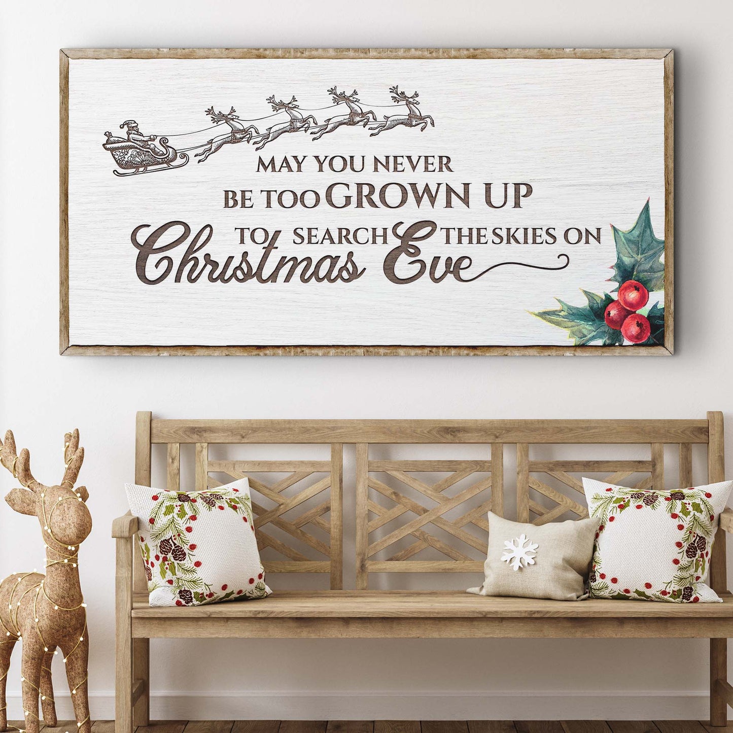 Christmas Eve Farmhouse Sign canvas on white wood with Santa and reindeer Tailored Canvases on Tampa Home & Garden Store