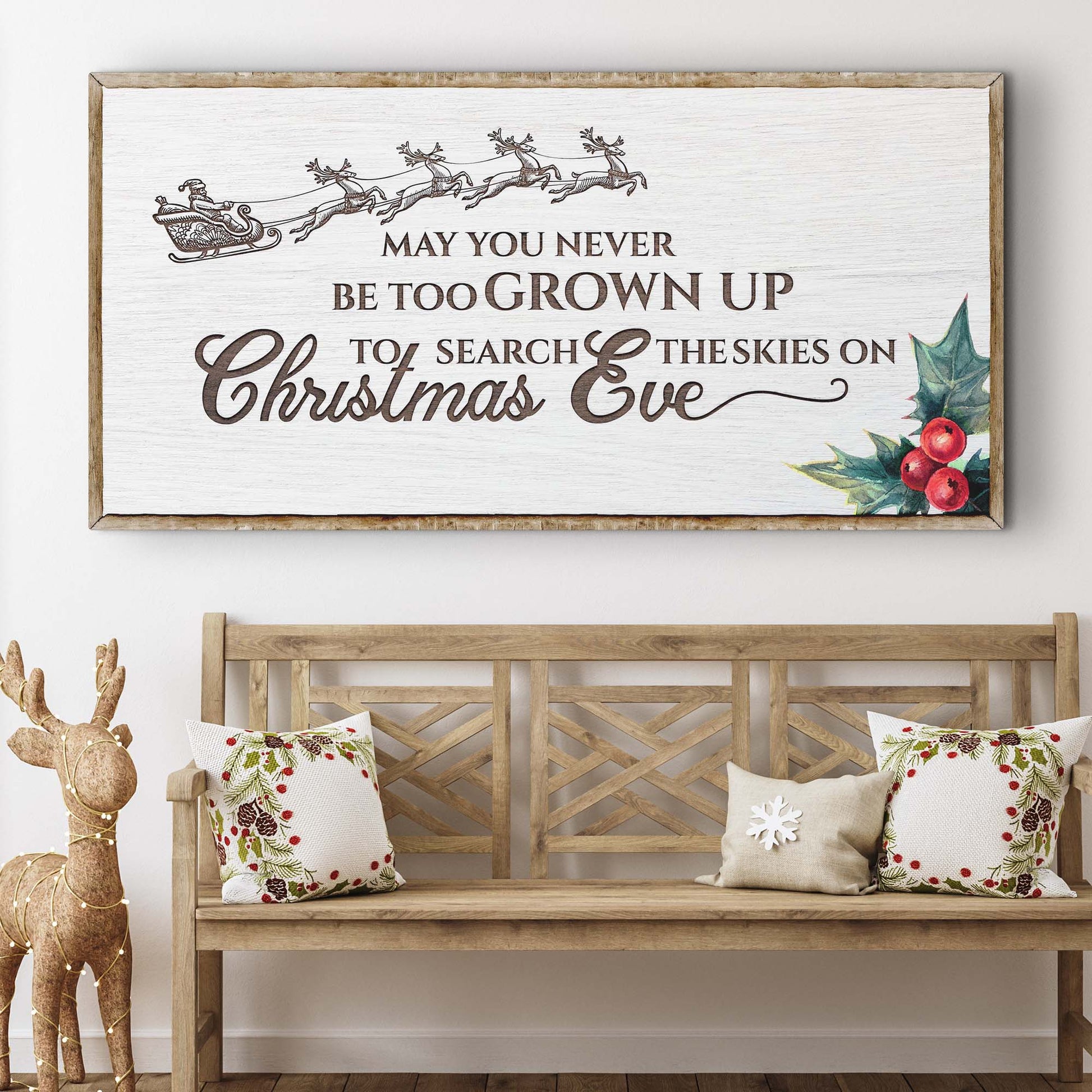 Christmas Eve Farmhouse Sign canvas on white wood with Santa and reindeer Tailored Canvases on Tampa Home & Garden Store
