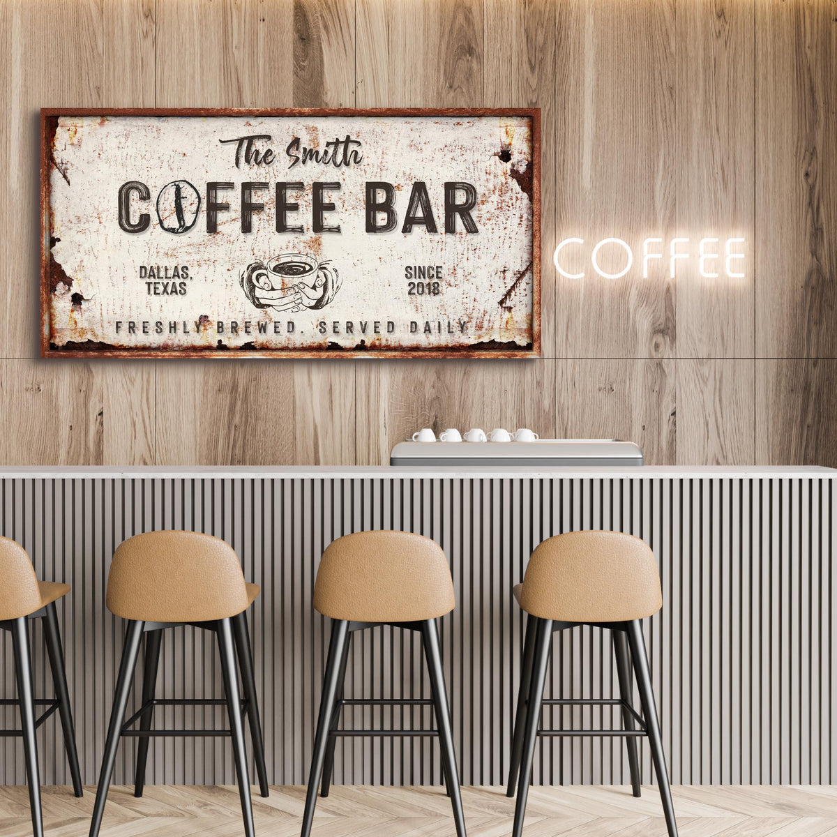 Coffee Bar Sign IV canvas wall art with a distressed white sign and wood frame for cafe decor on Tampa Home & Garden Store
