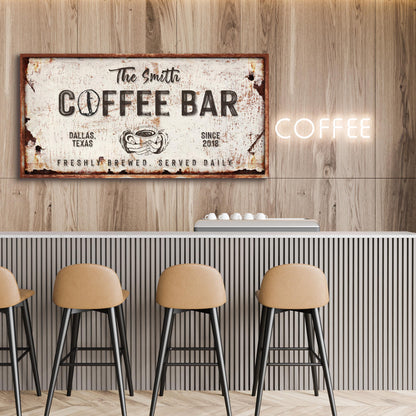 Coffee Bar Sign IV canvas wall art with a distressed white sign and wood frame for cafe decor on Tampa Home & Garden Store