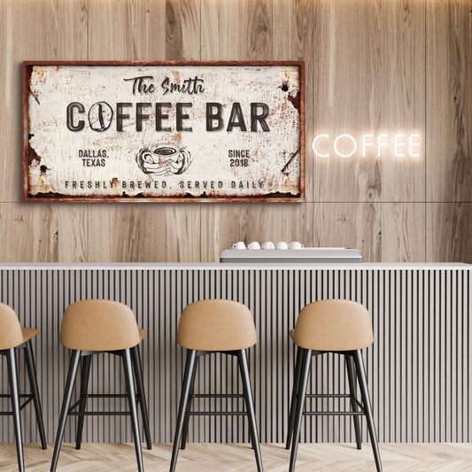 Coffee Bar Sign IV canvas wall art with a distressed white sign and wood frame for cafe decor on Tampa Home & Garden Store
