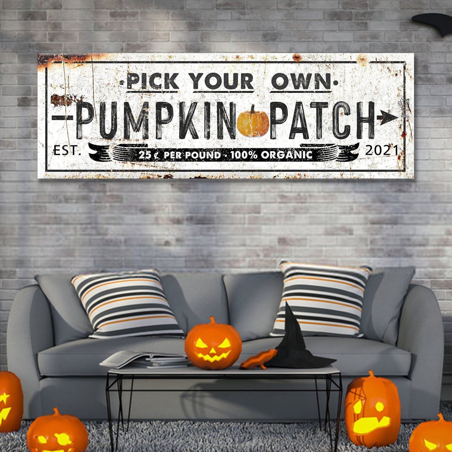 Pick Your Own Pumpkin Patch Sign canvas Tailored Canvases, white with black pumpkin accent on Tampa Home & Garden Store