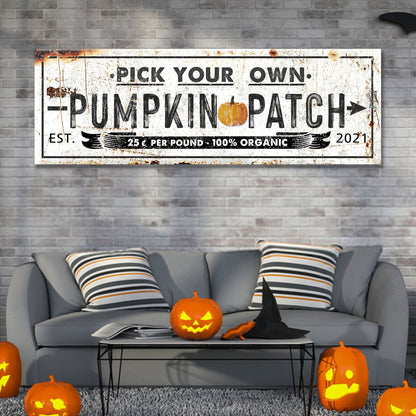 Pick Your Own Pumpkin Patch Sign canvas Tailored Canvases, white with black pumpkin accent on Tampa Home & Garden Store