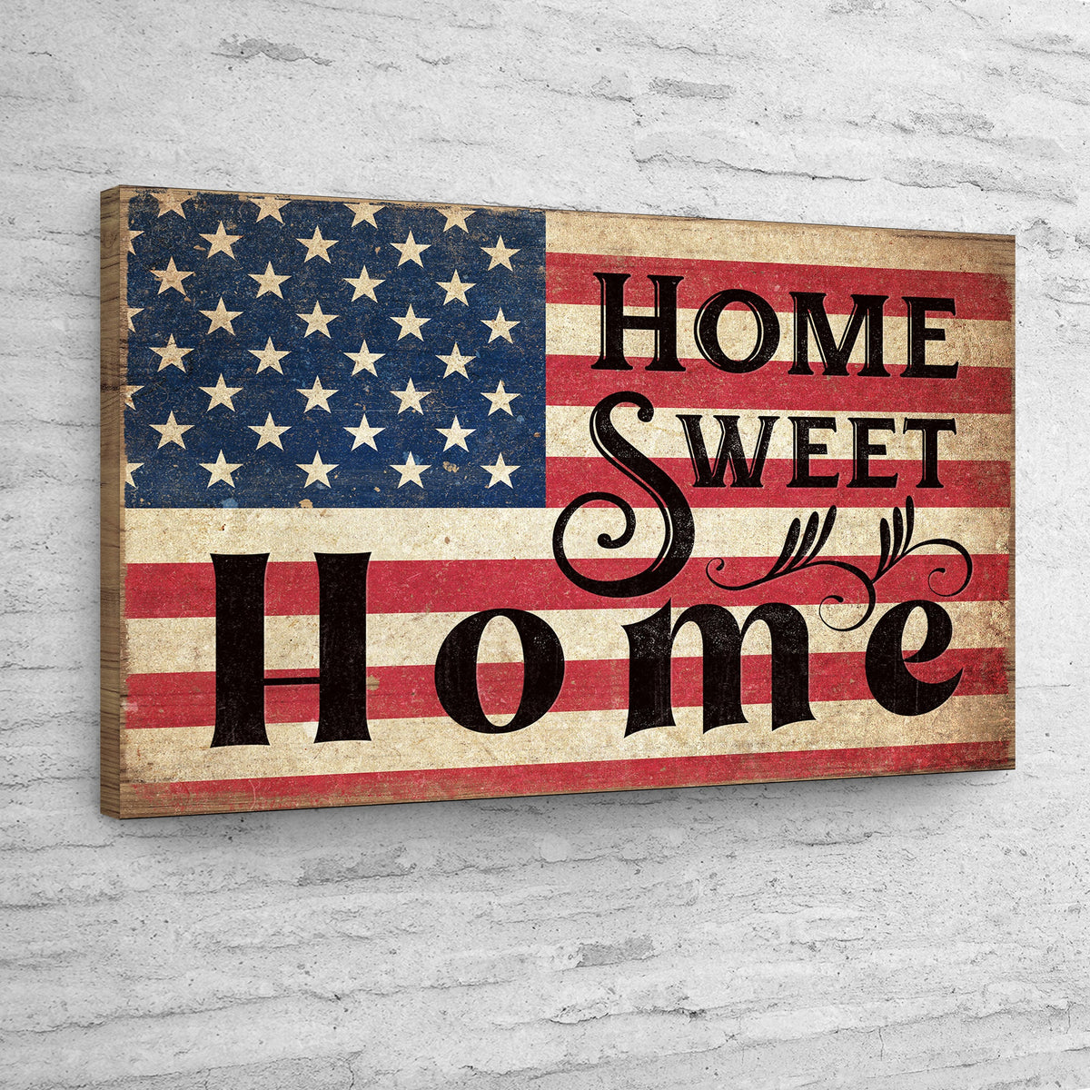 Home Sweet Home Sign IV canvas with vintage American flag backdrop on Tampa Home & Garden Store