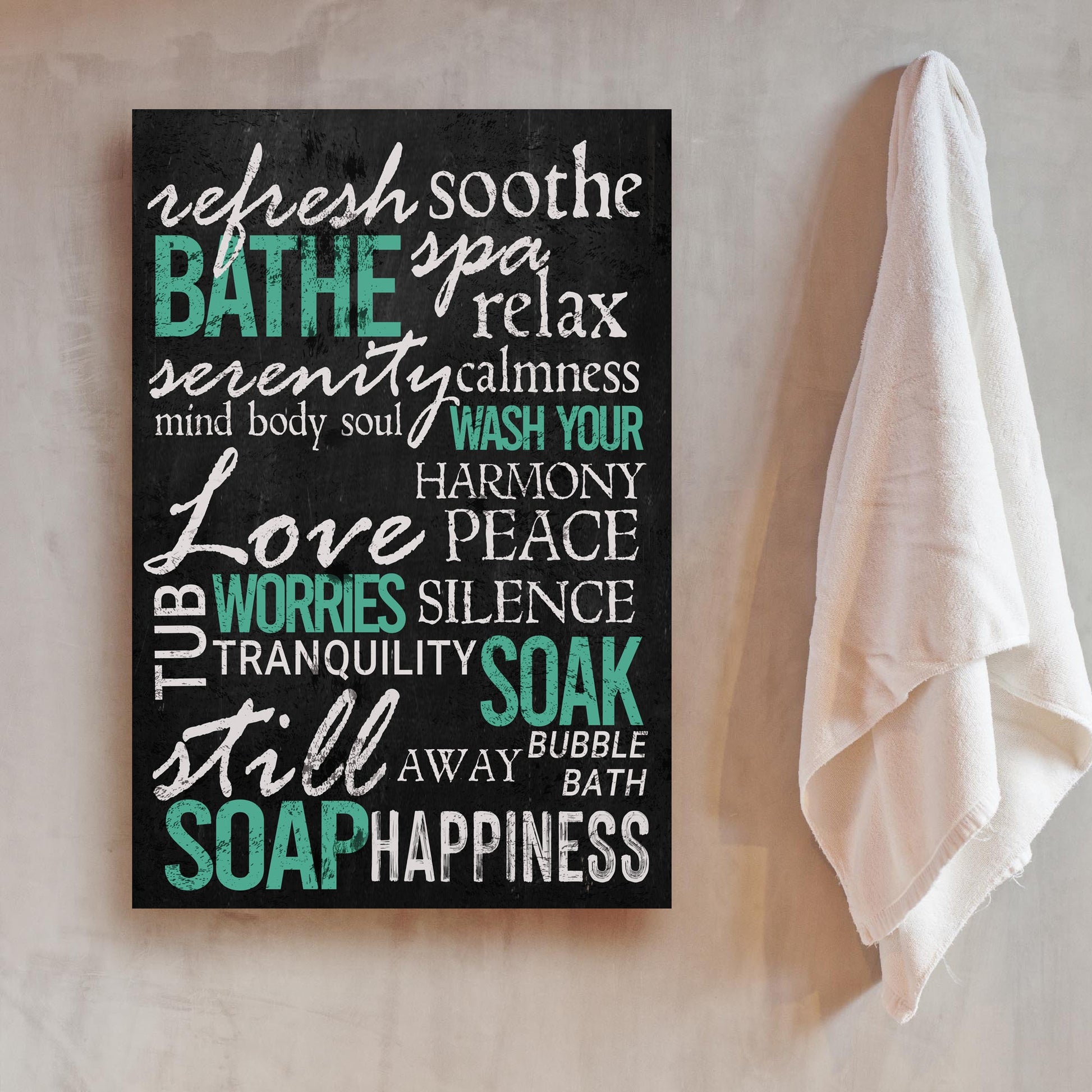 Refresh Soothe Bathe Bathroom Sign canvas with black background and teal BATHE lettering on Tampa Home & Garden Store
