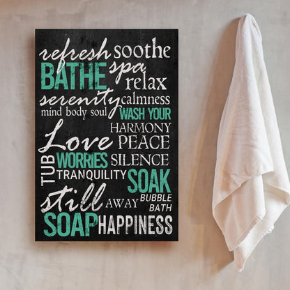 Refresh Soothe Bathe Bathroom Sign canvas with black background and teal BATHE lettering on Tampa Home & Garden Store