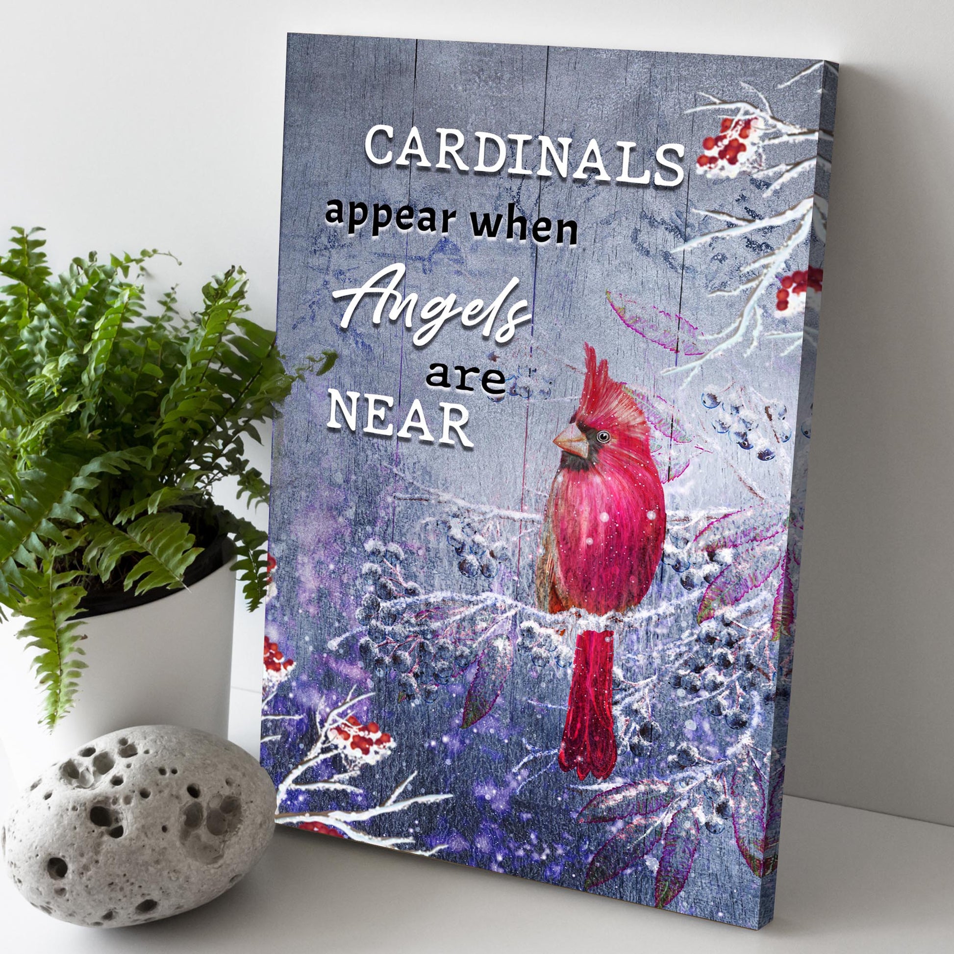 Cardinals Appear When Angels Are Near Sign III canvas on blue wood background with red cardinal on Tampa Home & Garden Store