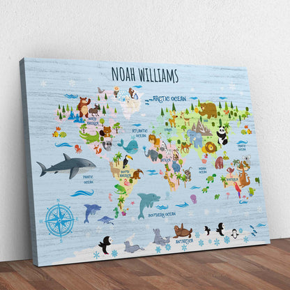 Canvas Animals And Countries Map Sign with Noah Williams on blue background on Tampa Home & Garden Store