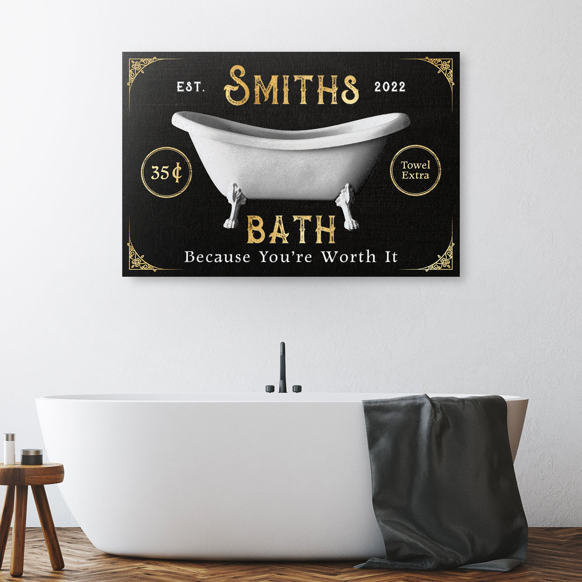 Family Bath Sign II canvas by Tailored Canvases, black bath sign with gold lettering on Tampa Home & Garden Store