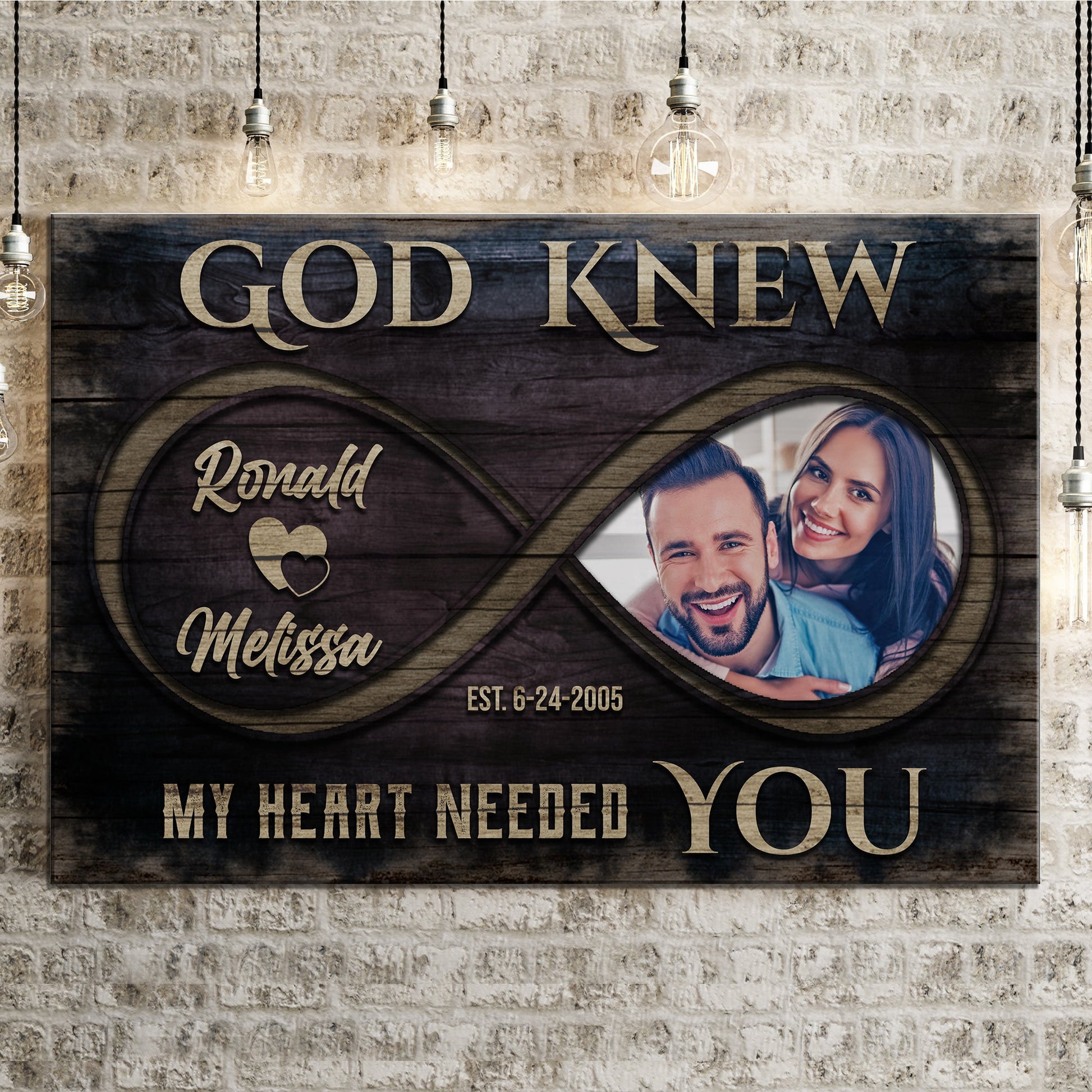 Canvas God Knew Couple Sign II by Tailored Canvases on dark wood panel with photo on Tampa Home & Garden Store