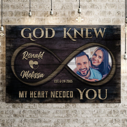 Canvas God Knew Couple Sign II by Tailored Canvases on dark wood panel with photo on Tampa Home & Garden Store