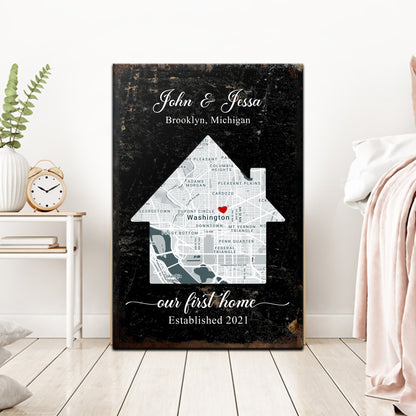 Home Map Sign canvas by Tailored Canvases with distressed black texture and map cutout on Tampa Home & Garden Store