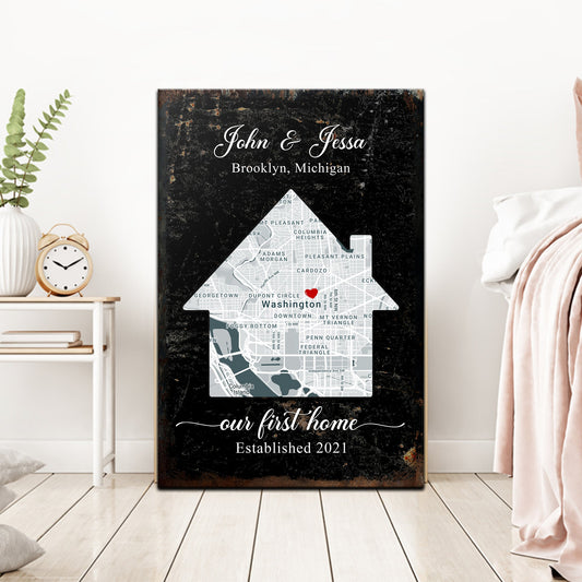 Home Map Sign canvas by Tailored Canvases with distressed black texture and map cutout on Tampa Home & Garden Store