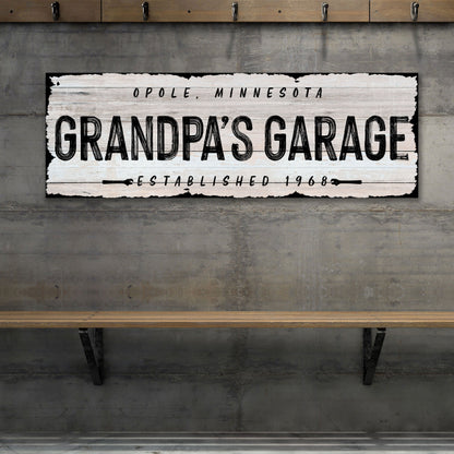 Grandpa Garage Sign II canvas by Tailored Canvases, white wood panel crafting canvas on Tampa Home & Garden Store