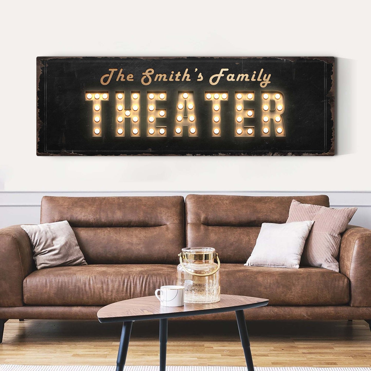 Theater Sign canvas with vintage distressed black frame and glowing marquee letters on Tampa Home & Garden Store
