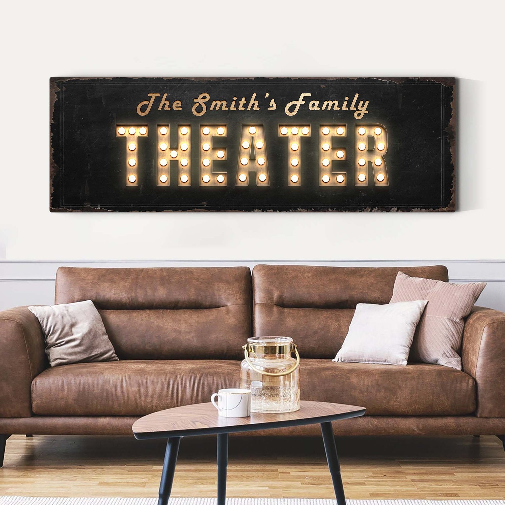Theater Sign canvas with vintage distressed black frame and glowing marquee letters on Tampa Home & Garden Store