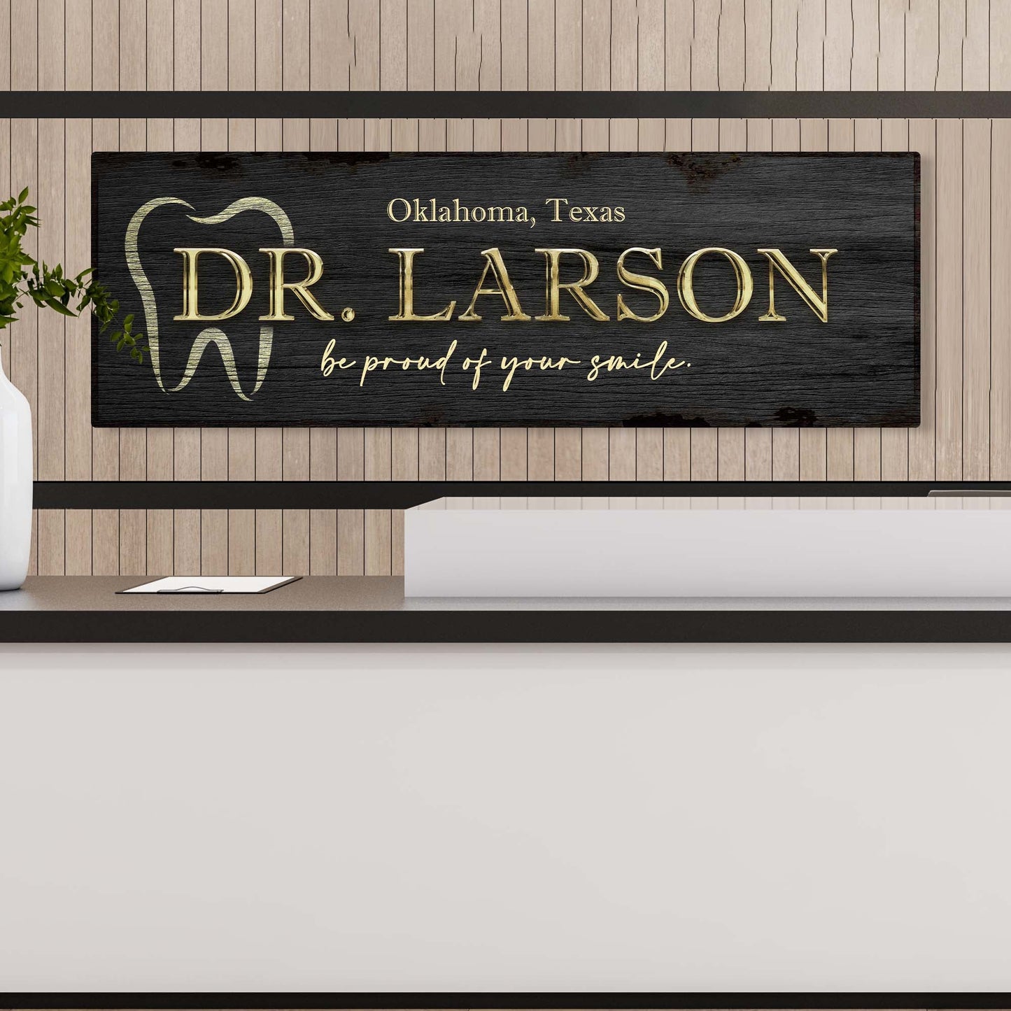 Dentist Name Sign canvas, black woodgrain with gold DR. LARSON lettering Tailored Canvases on Tampa Home & Garden Store