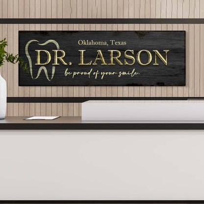 Dentist Name Sign canvas, black woodgrain with gold DR. LARSON lettering Tailored Canvases on Tampa Home & Garden Store