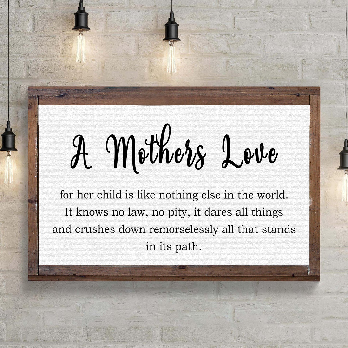 A Mother's Love For Her Child Sign canvas in black script on white with wood frame on Tampa Home & Garden Store