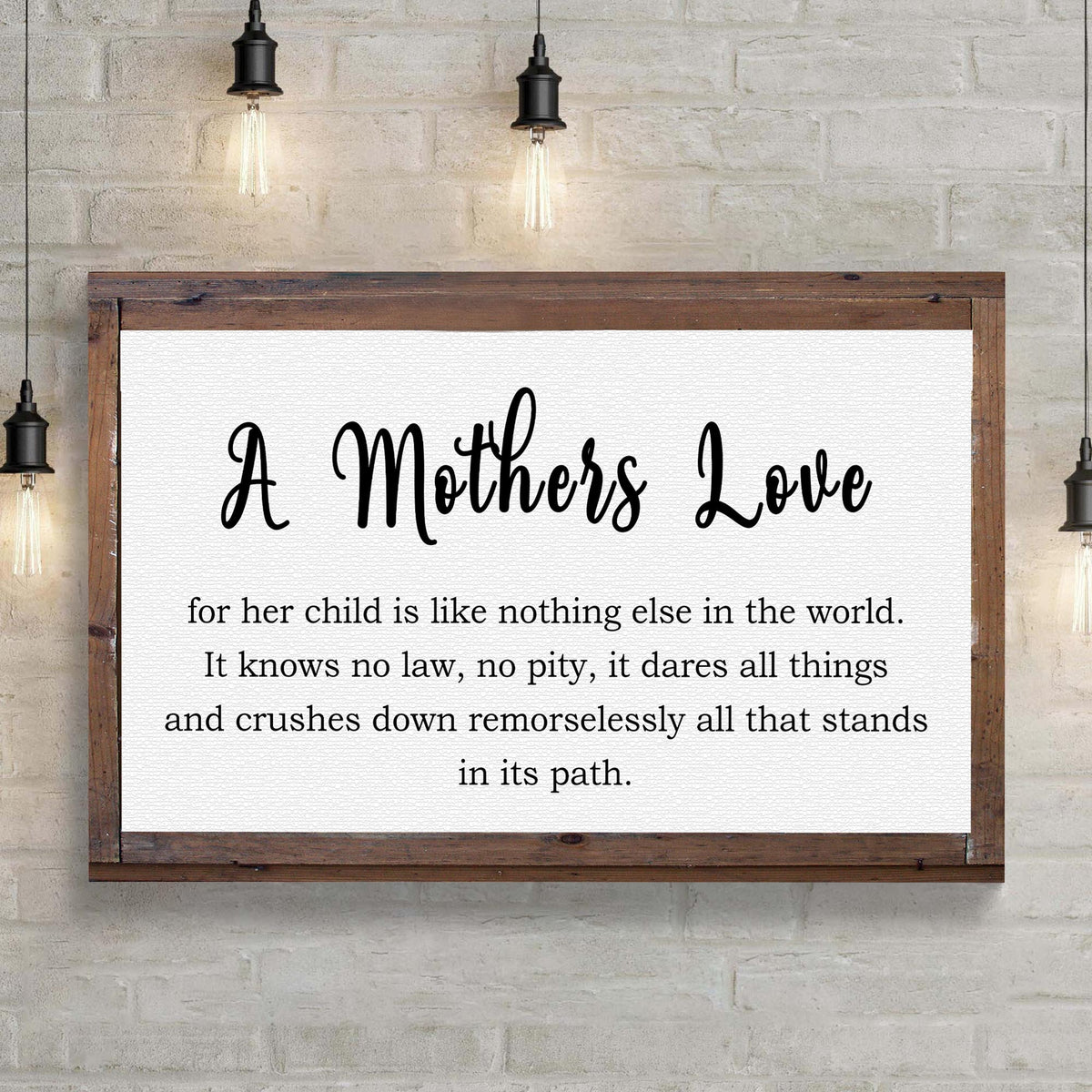A Mother's Love For Her Child Sign canvas in black script on white with wood frame on Tampa Home & Garden Store