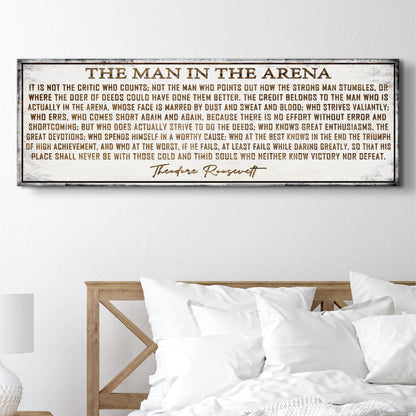 Canvas sign The Man In The Arena VI with weathered white and brown text Tailored Canvases on Tampa Home & Garden Store
