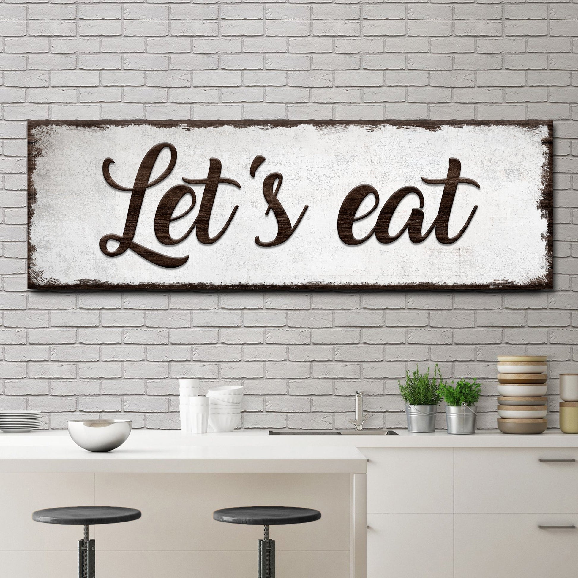 Let's Eat Sign canvas with dark brown script on distressed background Tailored Canvases on Tampa Home & Garden Store
