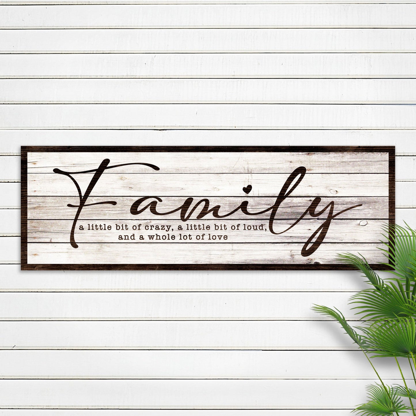 Canvas family sign with rustic whitewashed wood, dark frame and large script 'Family' quote on Tampa Home & Garden Store