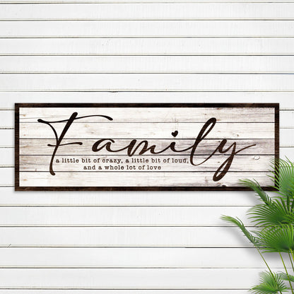 Canvas family sign with rustic whitewashed wood, dark frame and large script 'Family' quote on Tampa Home & Garden Store