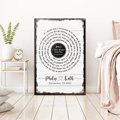 Song Lyrics Sign canvas by Tailored Canvases with circular lyric text and rustic border on Tampa Home & Garden Store