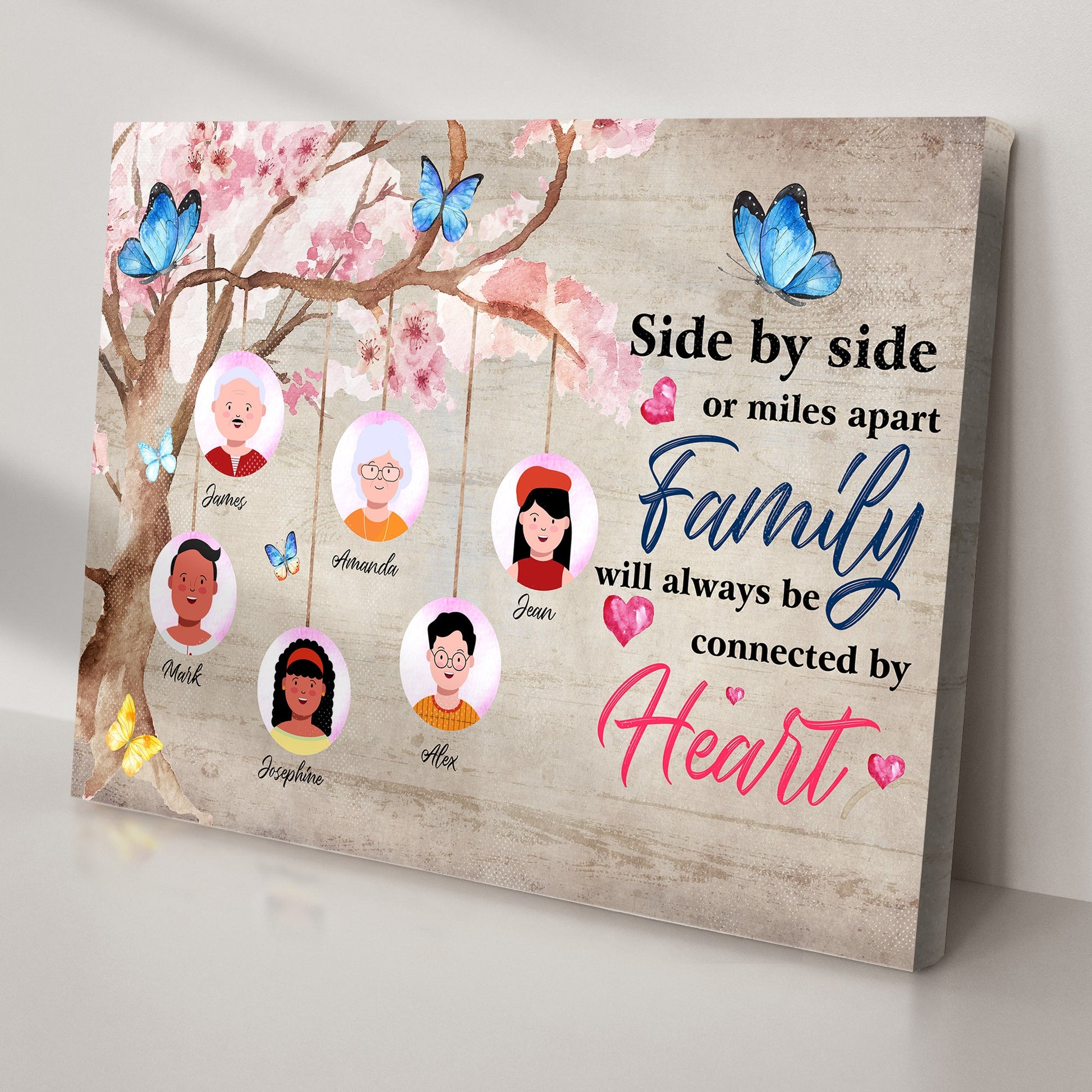 Family Will Always Be Connected By Heart Sign II canvas featuring blossoms and blue butterflies on Tampa Home & Garden Store