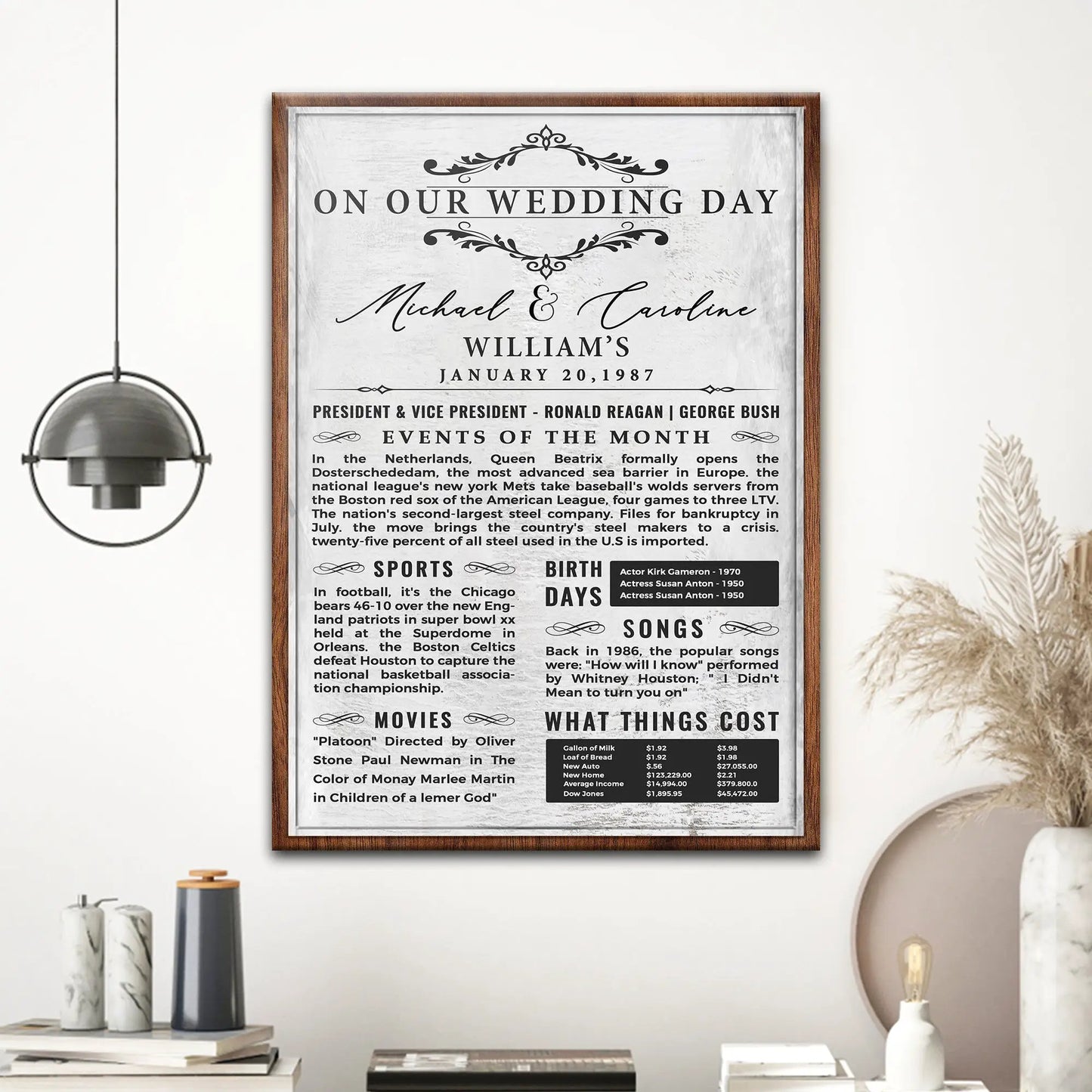 Wedding Anniversary Chronicle Sign canvas by Tailored Canvases in wood frame with vintage print on Tampa Home & Garden Store
