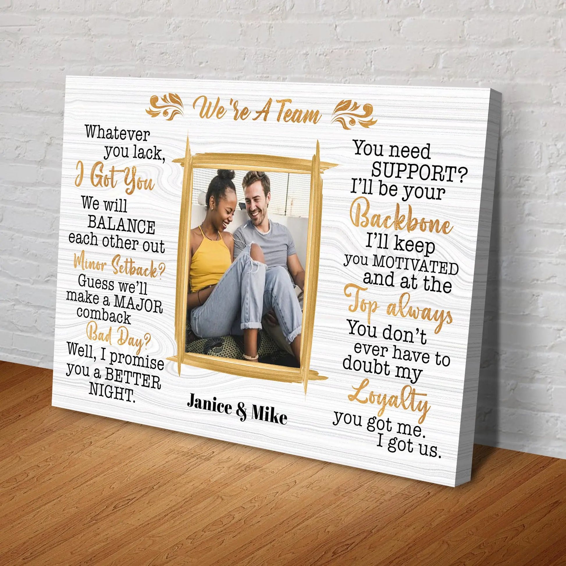 We're A Team Couple Sign IV canvas by Tailored Canvases, white woodgrain with gold script on Tampa Home & Garden Store