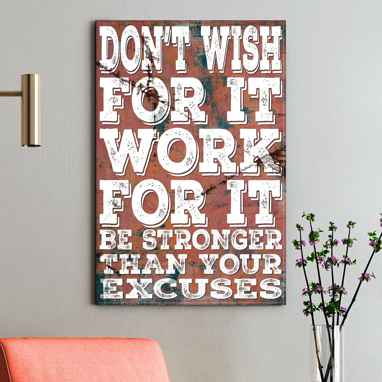 Don't Wish For It Work For It Sign II canvas with distressed white letters on rust backdrop on Tampa Home & Garden Store