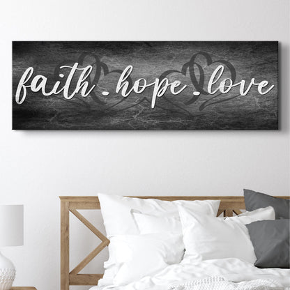 Faith Hope and Love canvas sign with white script on dark background by Tailored Canvases on Tampa Home & Garden Store