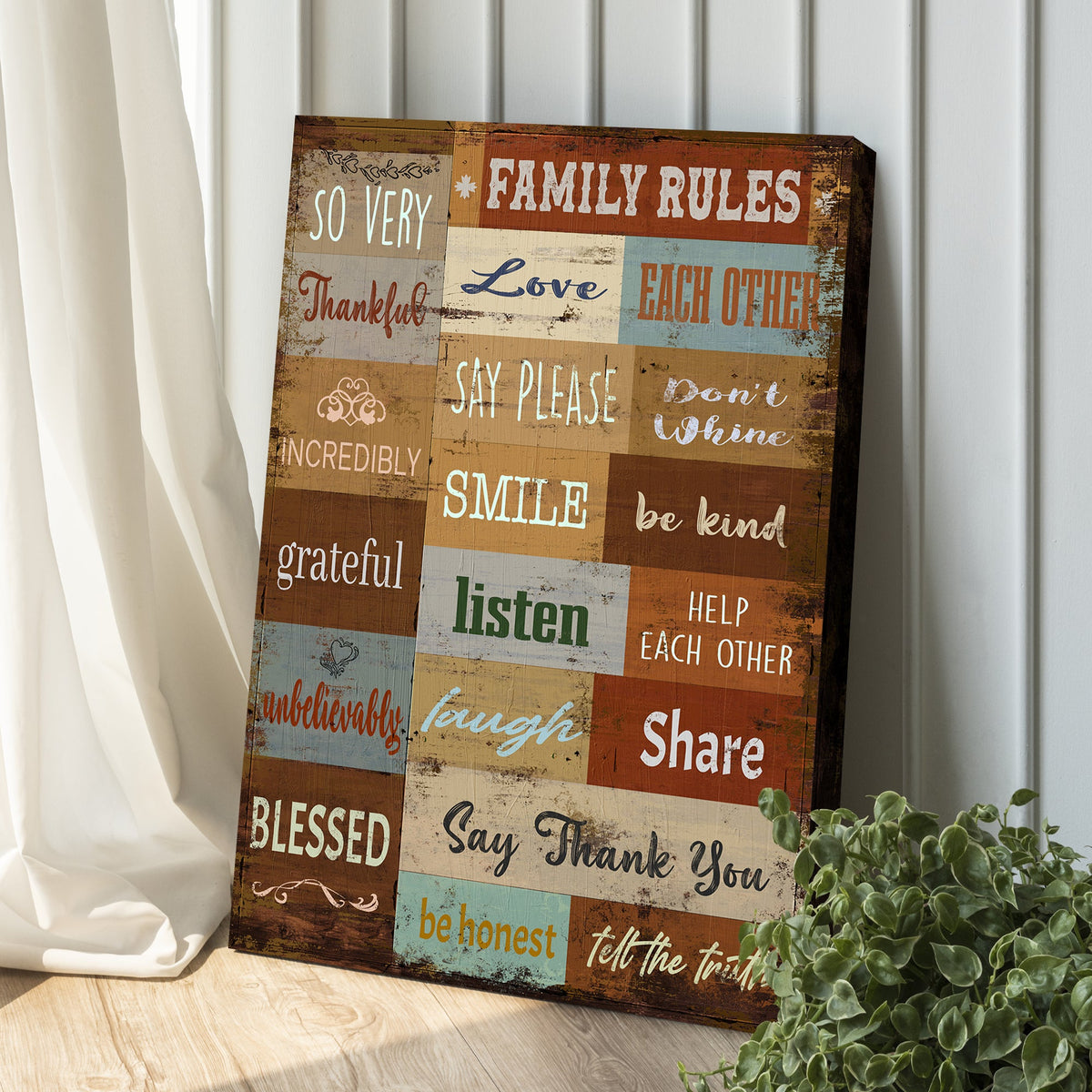 Family Rules canvas sign with distressed multicolor patchwork panels on Tampa Home & Garden Store