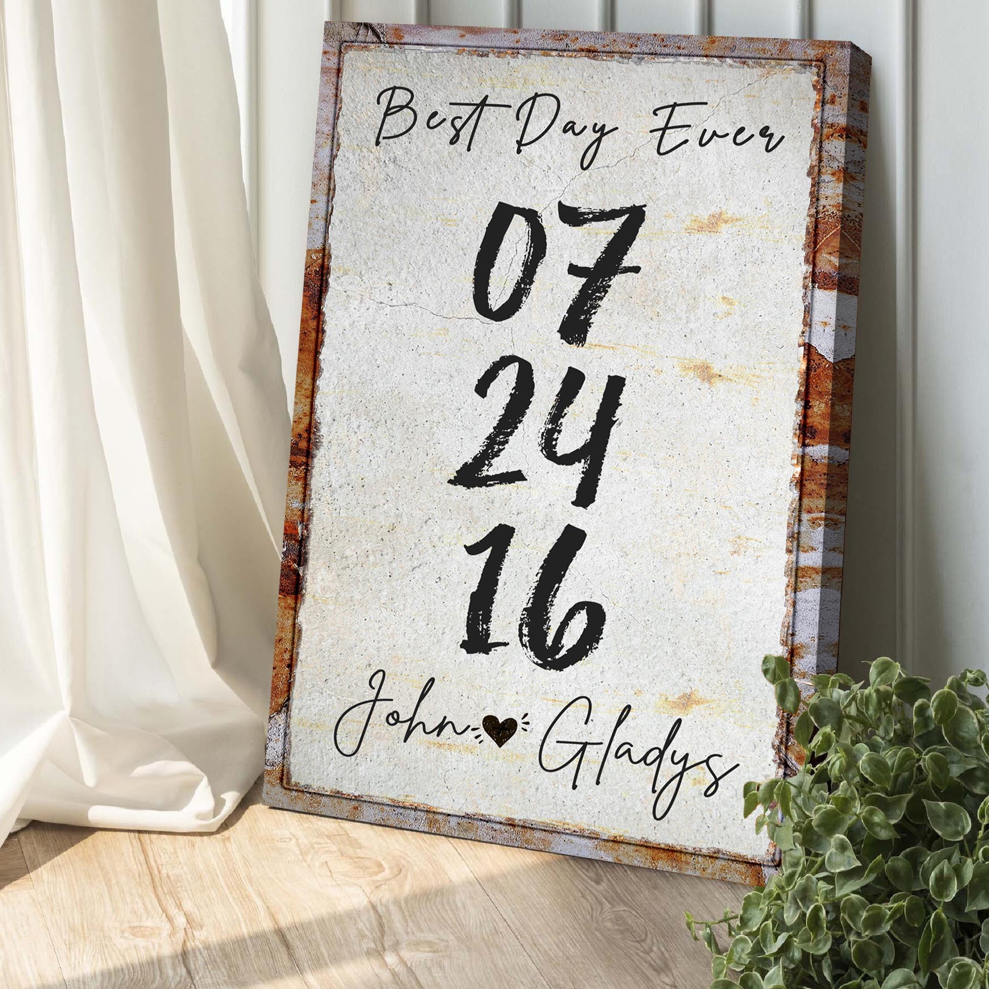 Best Day Ever Sign canvas by Tailored Canvases, rustic frame with bold handwritten numbers, on Tampa Home & Garden Store