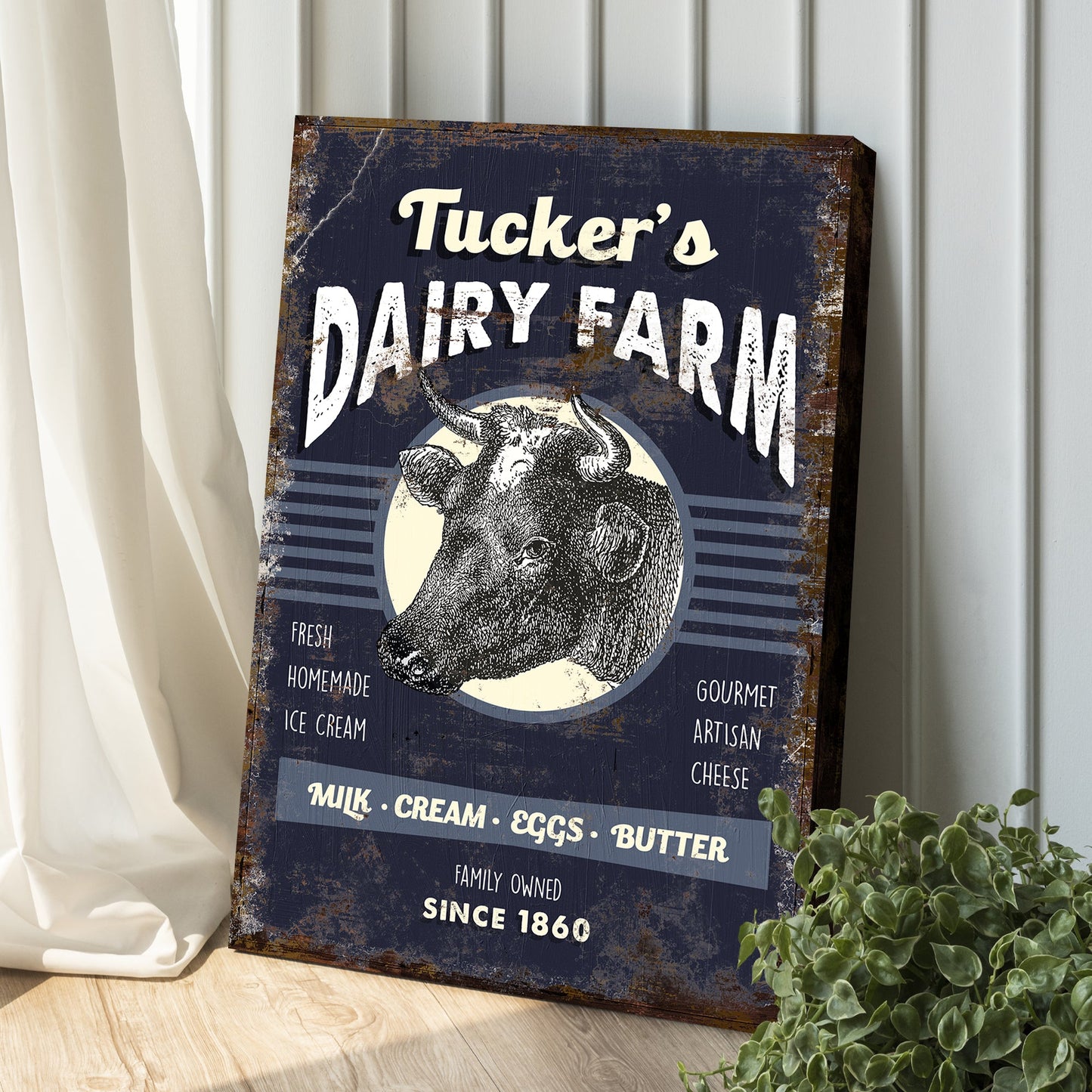 Dairy Farm Sign canvas by Tailored Canvases with distressed navy finish and rustic edges on Tampa Home & Garden Store