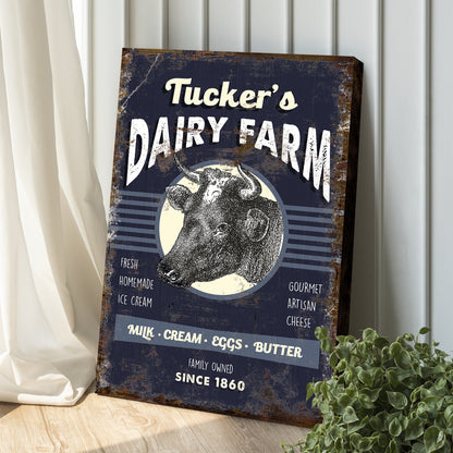 Dairy Farm Sign canvas by Tailored Canvases with distressed navy finish and rustic edges on Tampa Home & Garden Store