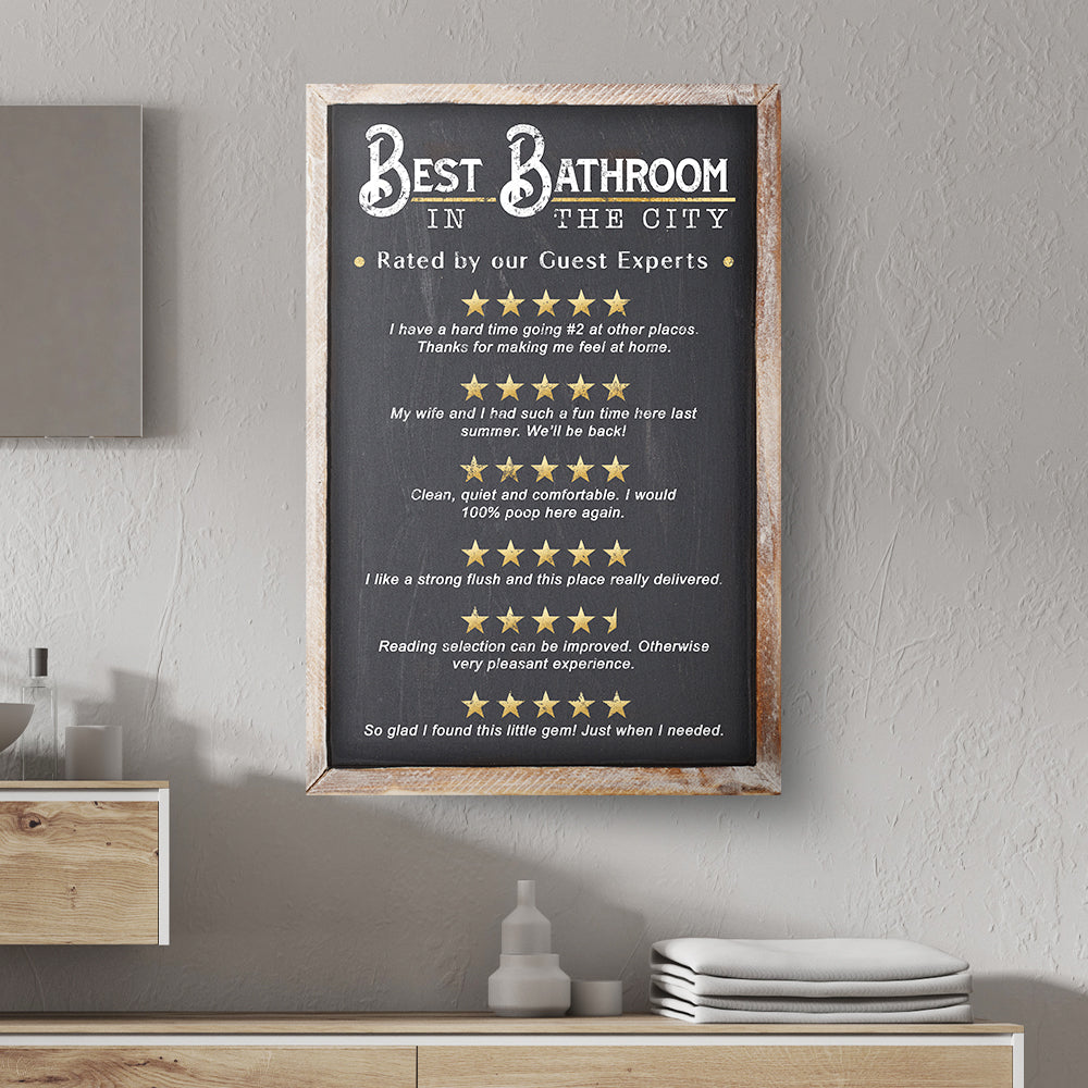 Best Bathroom In The City Sign II canvas with rustic wood frame chalkboard art on wall on Tampa Home & Garden Store